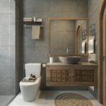 Elegant bathroom with wooden accents and modern fixtures for a stylish look.